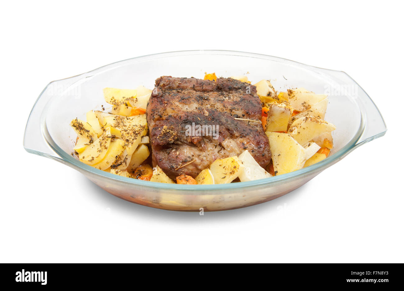 steak with potato on glass plates grilled microwave oven Stock Photo