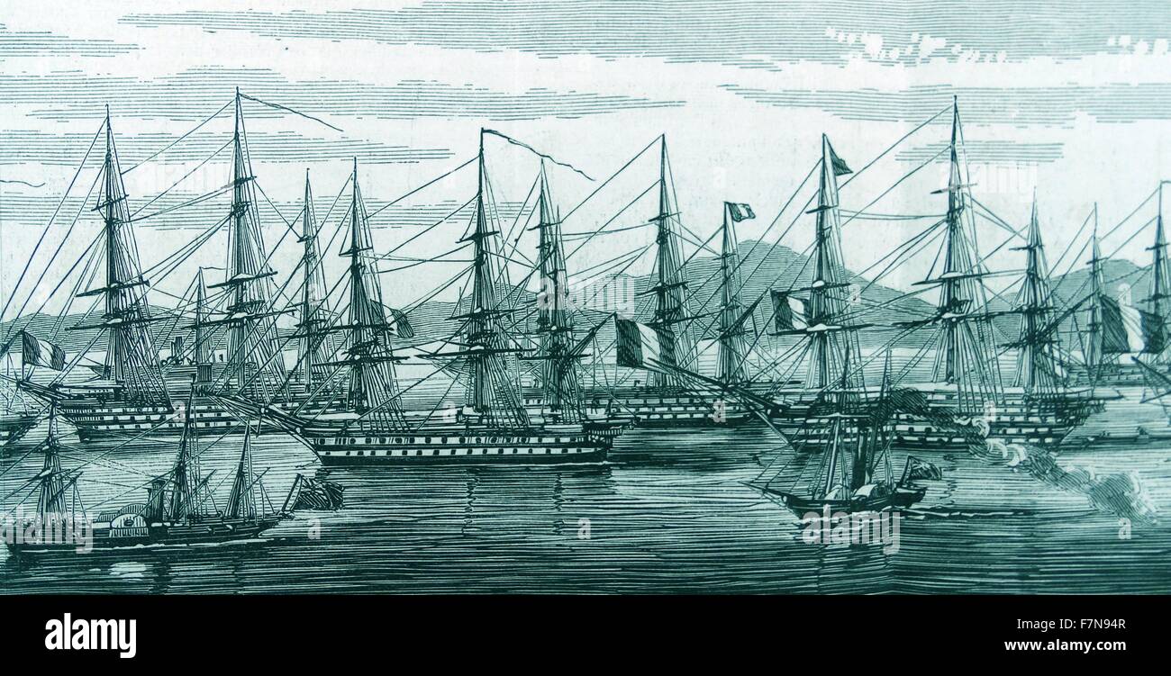 Illustration depicting the meeting of the French and English fleets in
