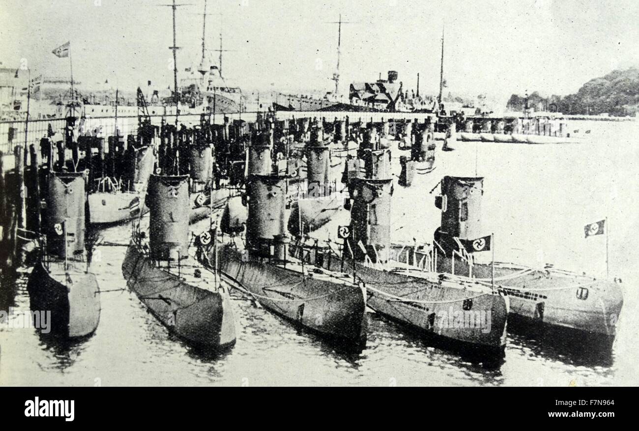 Photograph of German U-boats located at a dock in the city of Kiel, Germany. Dated 20th Century Stock Photo