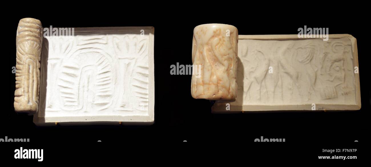 Cylindrical seals with geometric patterns. Dated 4000 B.C. Stock Photo