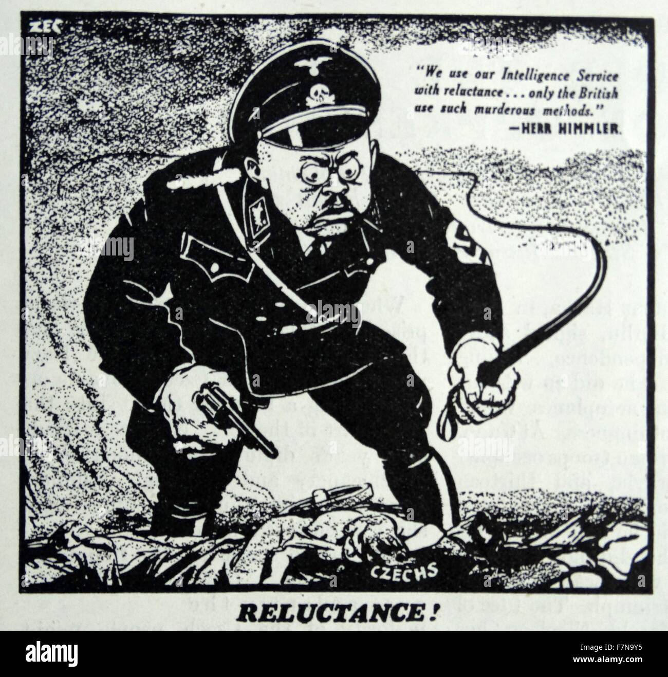 Illustration of Heinrich Himmler (1900-1945) was Reichsführer of the Schutzstaffel, a military commander, and a leading member of the Nazi Party of Nazi Germany. This political satire illustration depicts Himmler with a whip saying 'We use our Intelligence Service with reluctance... Only the British use such murderous methods'. Dated 1940 Stock Photo
