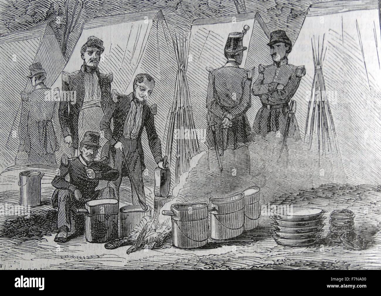 Illustration depicting French soldiers at their camp after the Battle