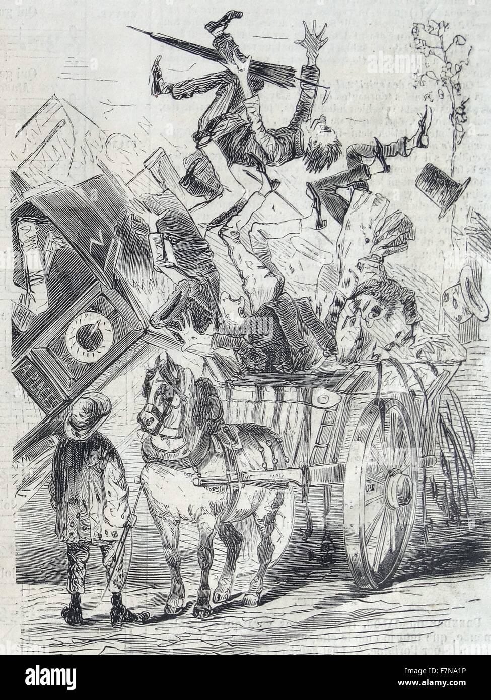 Engraving depicting an over packed bus tipping over and the passengers falling out. Dated 1890 Stock Photo