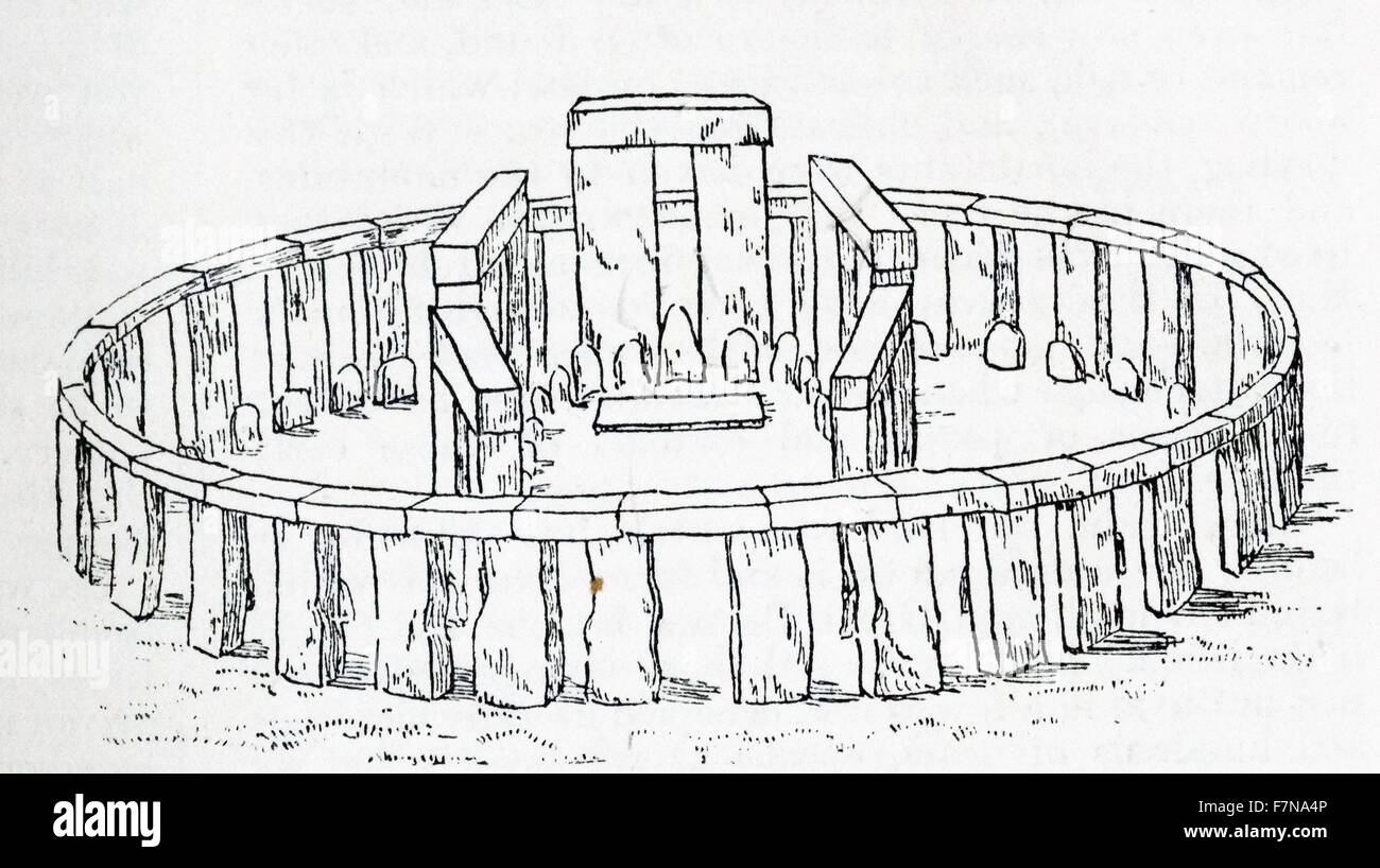 Illustration from a book depicting the probable original Stonehenge structure. Dated 1913 Stock Photo