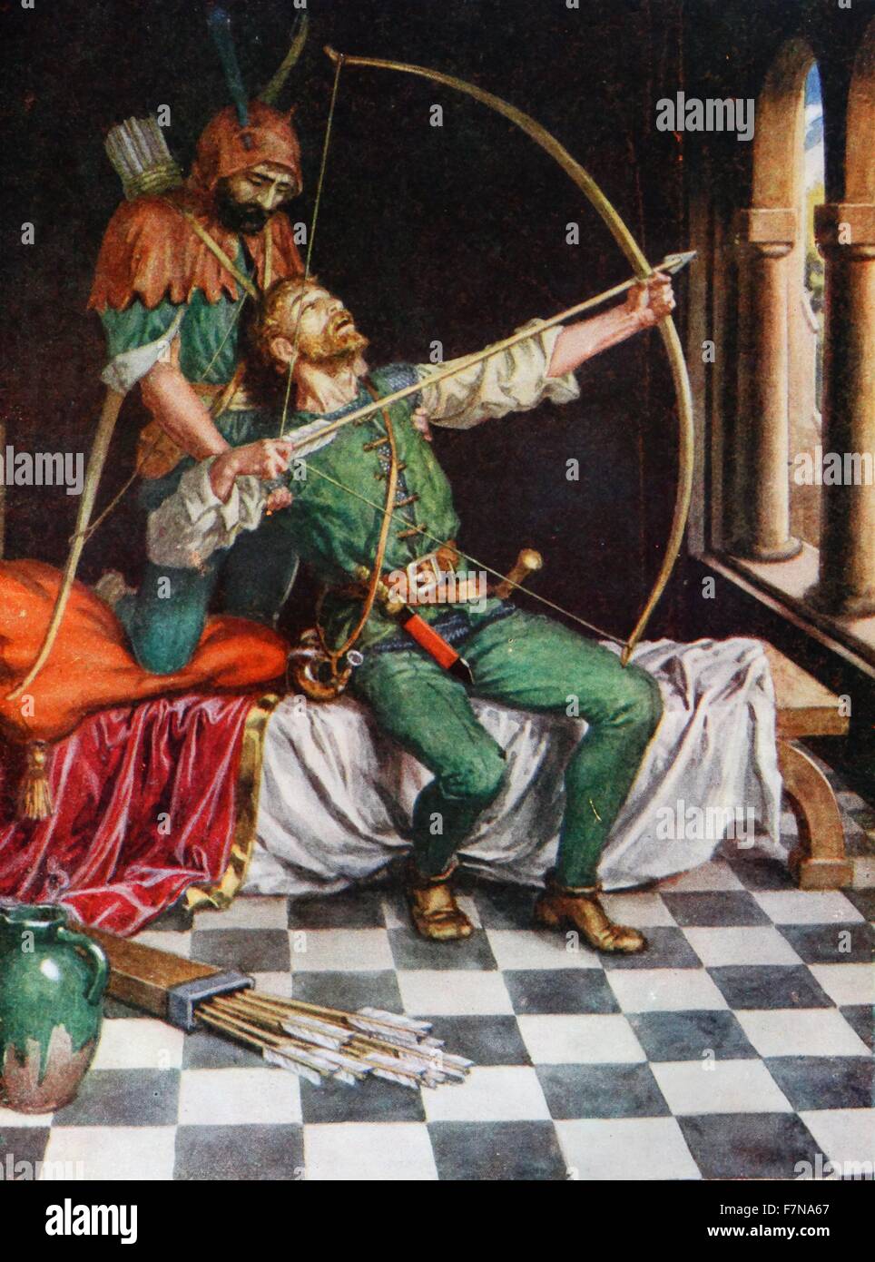 Colour illustration from a book illustrating the ballad of Robin Hood. A dying Robin Hood declares that where ever his arrow lands is where his grave shall be dug. Dated 1913 Stock Photo