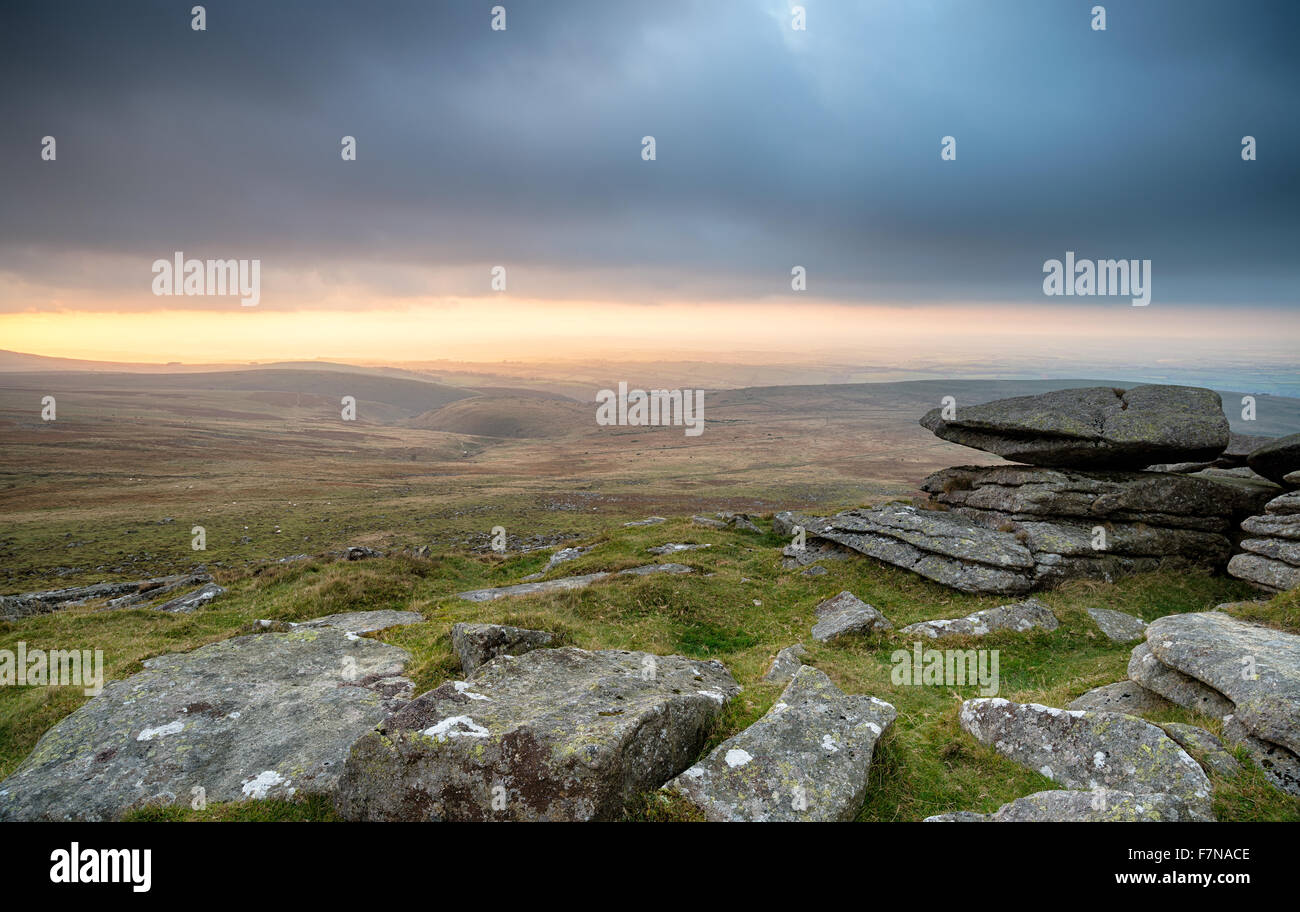 A storm brewing over West Mill Tor near Okehampton on Dartmoor National Park in Devon Stock Photo