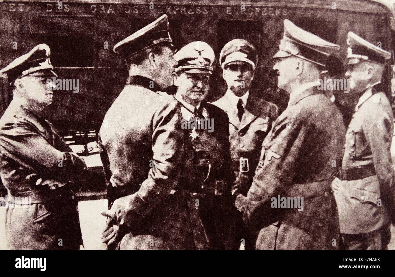 World War Two: armistice Agreement Between Germany and France, 22 June 1940. Hitler decided to sign the armistice in the same rail carriage, Compiègne Wagon, where the Germans had signed the 1918 armistice Stock Photo