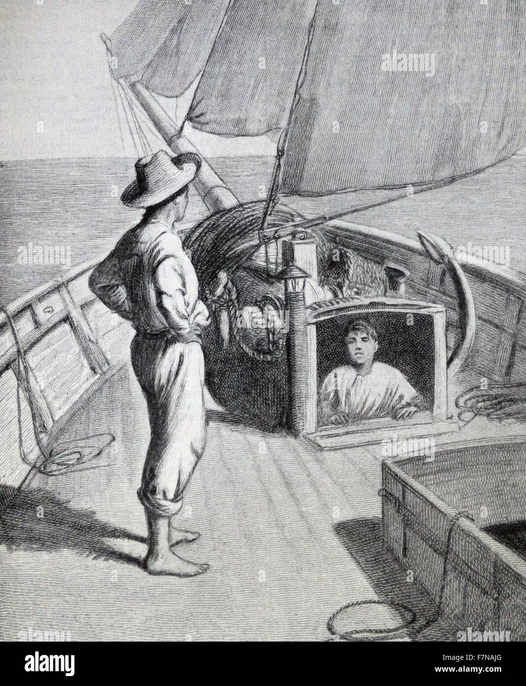Illustration from a book depicting a young man standing on the deck whilst being watched by a young boy. Dated 1913 Stock Photo