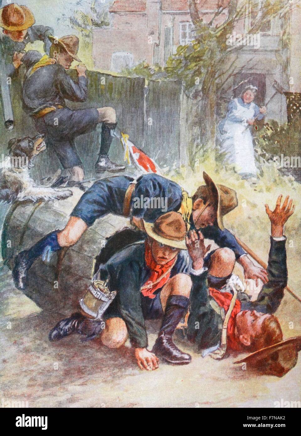 Colour illustration from a book depicting boy scouts misbehaving. Dated 1913 Stock Photo