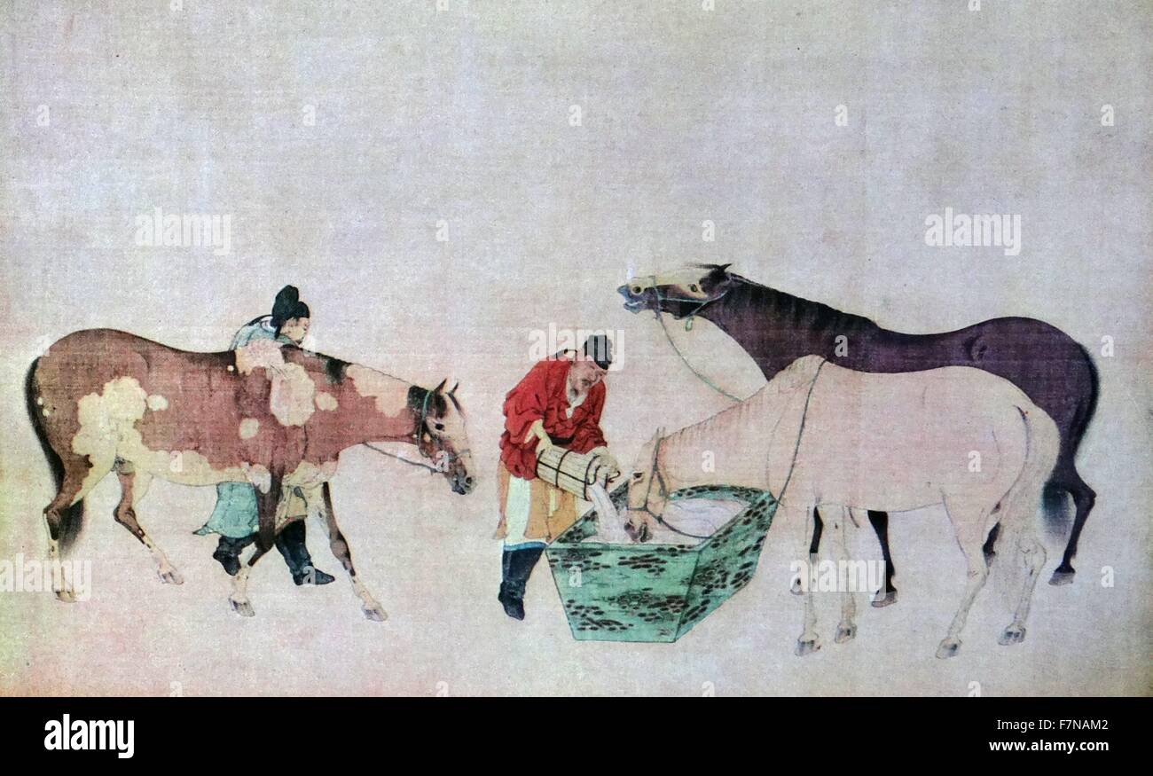 Ming Dynasty, replica of a Yuan Dynasty (13th century), scroll 'The eight Horses' (detail). Depicting riders taking horses to drink at a trough, chinese Stock Photo