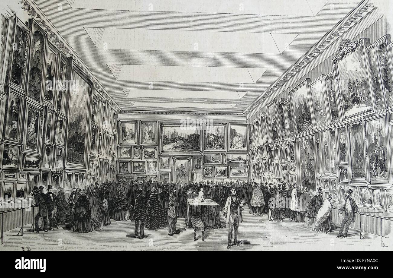 Woodcut depicting an exhibition of paintings displayed in a Gallery in France. Dated 1852 Stock Photo
