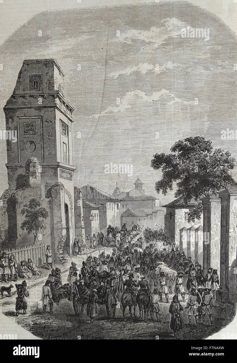 Engraving of a convoy of Russian soldiers wounded, in front of the St. George Hospital, Bucharest. Dated 1812 Stock Photo