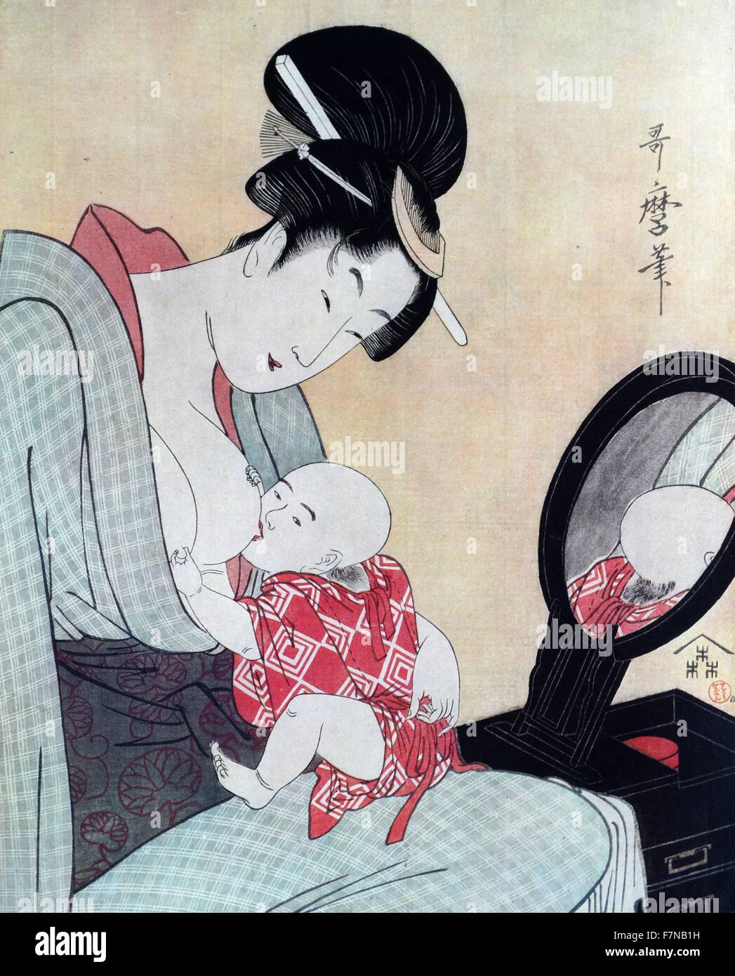 和装の女性と子供たちの油彩画133cmx107cm Mother and baby painting japanese hi-res stock photography