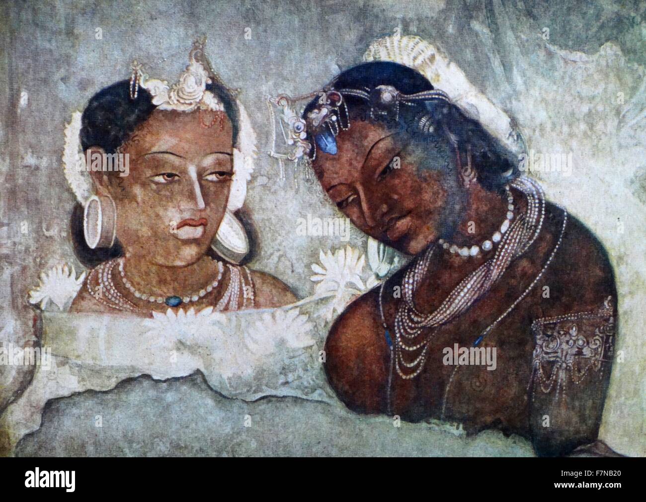 scene in a palace; Fresco from the Ajanta caves in Aurangabad district of Maharashtra, India are about 30 rock-cut Buddhist cave monuments which date from the 2nd century BCE to about 480 or 650 CE. Stock Photo