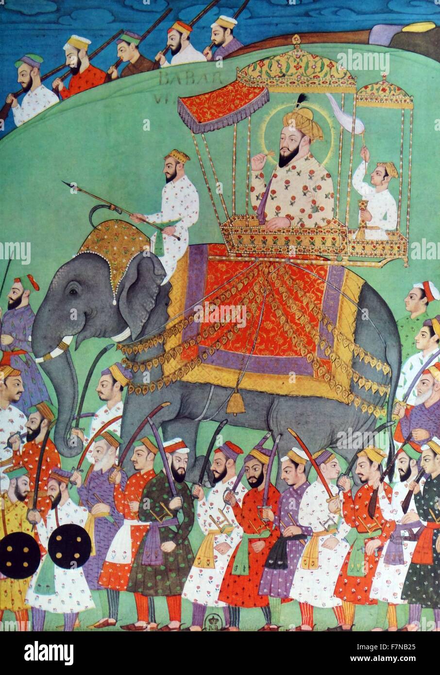 The mughal emperor Babu visits his soldiers while mounted on an elephant. 17th  century.  Babur was a conqueror from Central Asia who,  succeeded in laying the basis for the Mughal dynasty in the Indian Subcontinent and became the first Mughal emperor Stock Photo