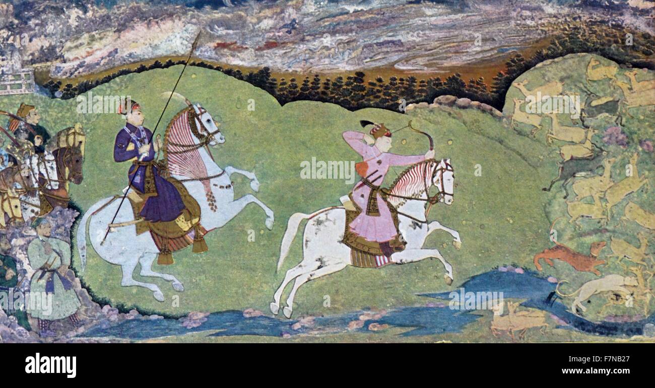 Mughal miniature painting depicting hunting with hounds. 17th century, indian Stock Photo