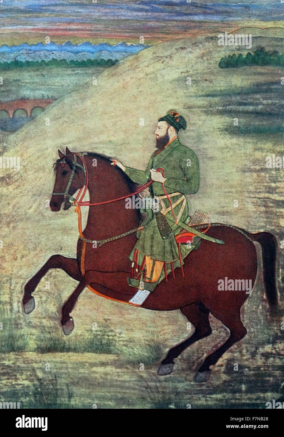 Mughal miniature painting depictinga general on horseback. 17th century, indian Stock Photo