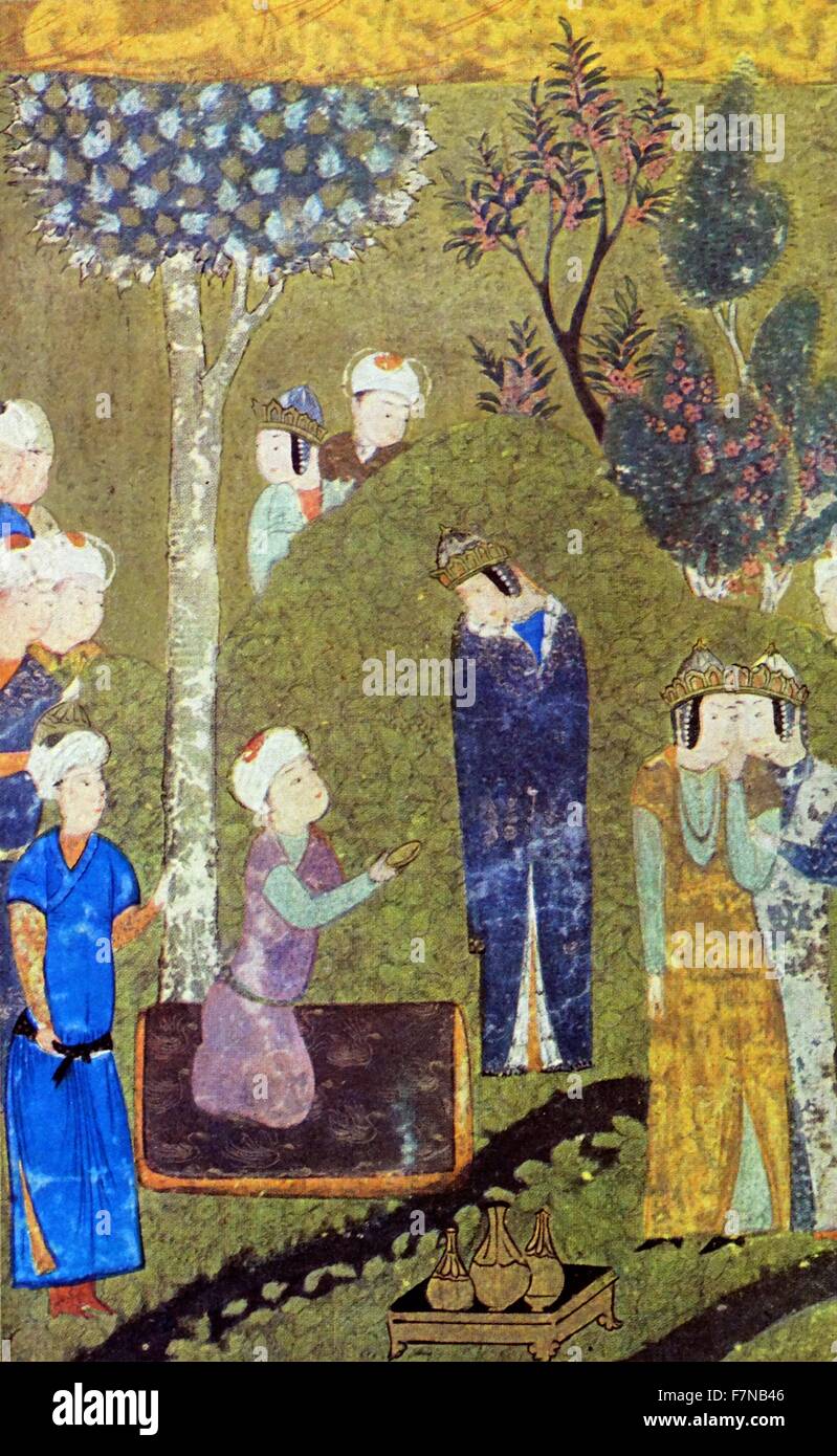 persian 16th century miniature: man in a garden kneeling Stock Photo