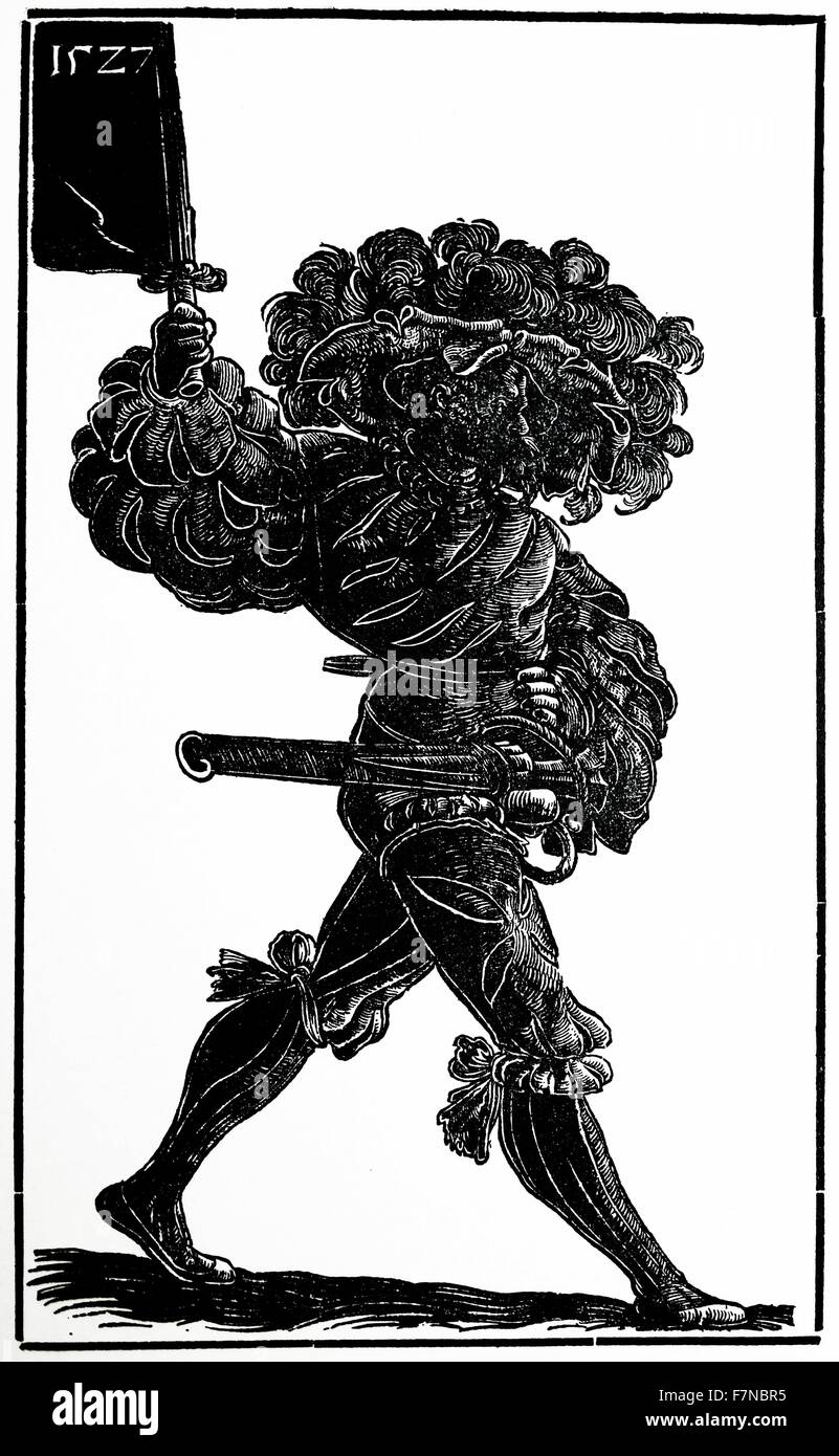 Urs Graf: Standard bearer 1527; woodcut Stock Photo