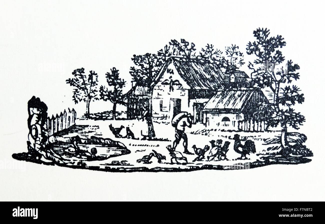Fench woodcut from 1810, by Duplat. A woodcut is a relief printing process in which a relief-like wooden printing block is used to generate graphics Stock Photo