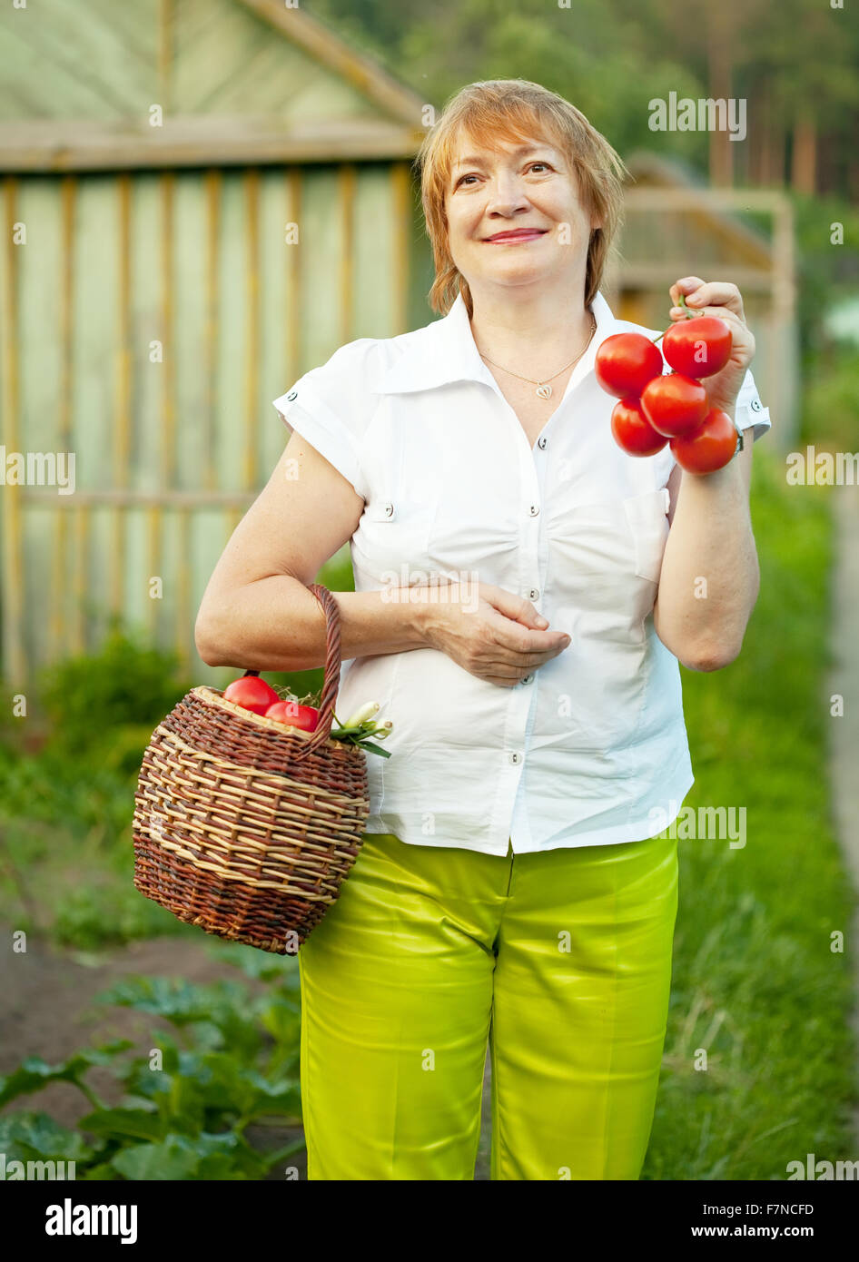 Happy mature woman with vegetables harvest Stock Photo - Alamy