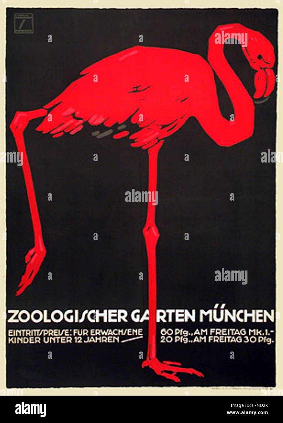 Ludwig Hohlwein, Zoo Poster with a red flamingo, 1925. Ludwig Hohlwein (27 July 1874 in Wiesbaden – 15 September 1949 in Berchtesgaden) was a German poster artist. He was trained and practiced as an architect until 1906, when he switched to poster design. Hohlwein's adaptations of photographic images was based on a deep and intuitive understanding of graphical principles. Stock Photo