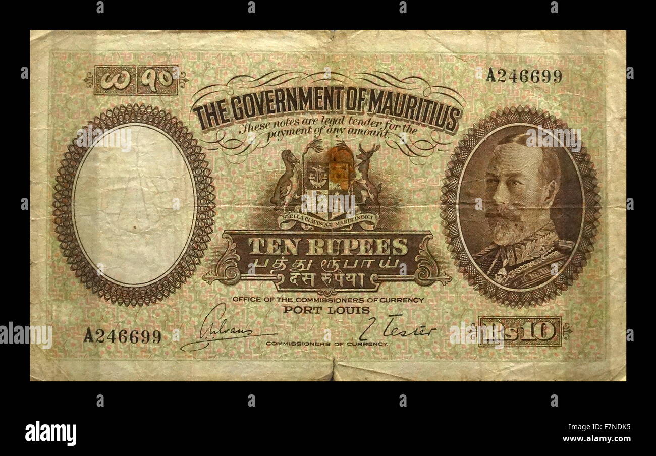 Colonial ten rupee banknote; Government of Mauritius, 1930 Stock Photo