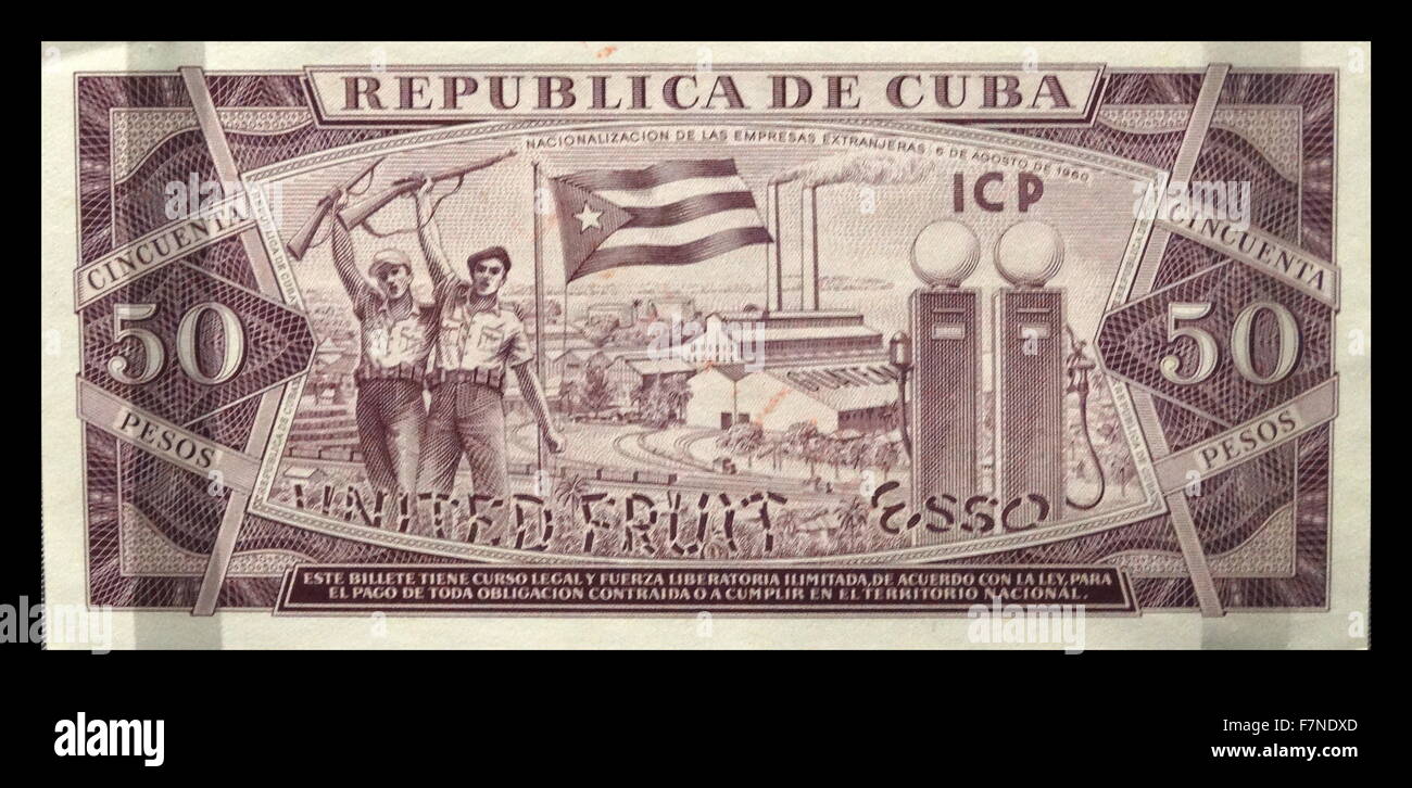 Communist Cuban banknote was introduced in 1961. emphasises revolutionary struggle to establish the regime Stock Photo
