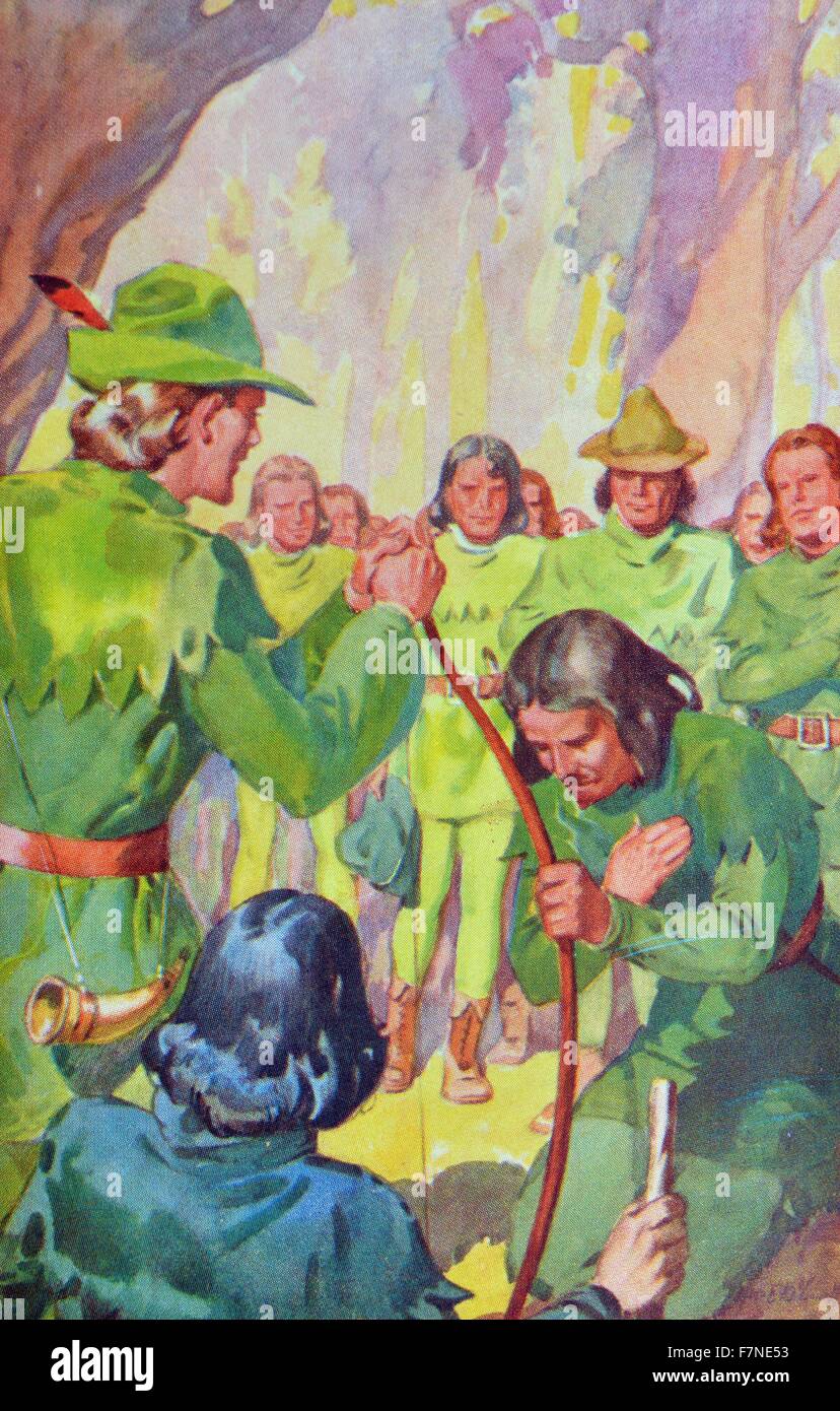 Robin Hood and his Merry Men.  The origins of the Robin Hood legend are very obscure.  The first literary reference to Robin Hood comes from a passing reference in Piers Plowman, written some time around 1377, and the main bofy of tales date from the 15th Century.  1920 Stock Photo