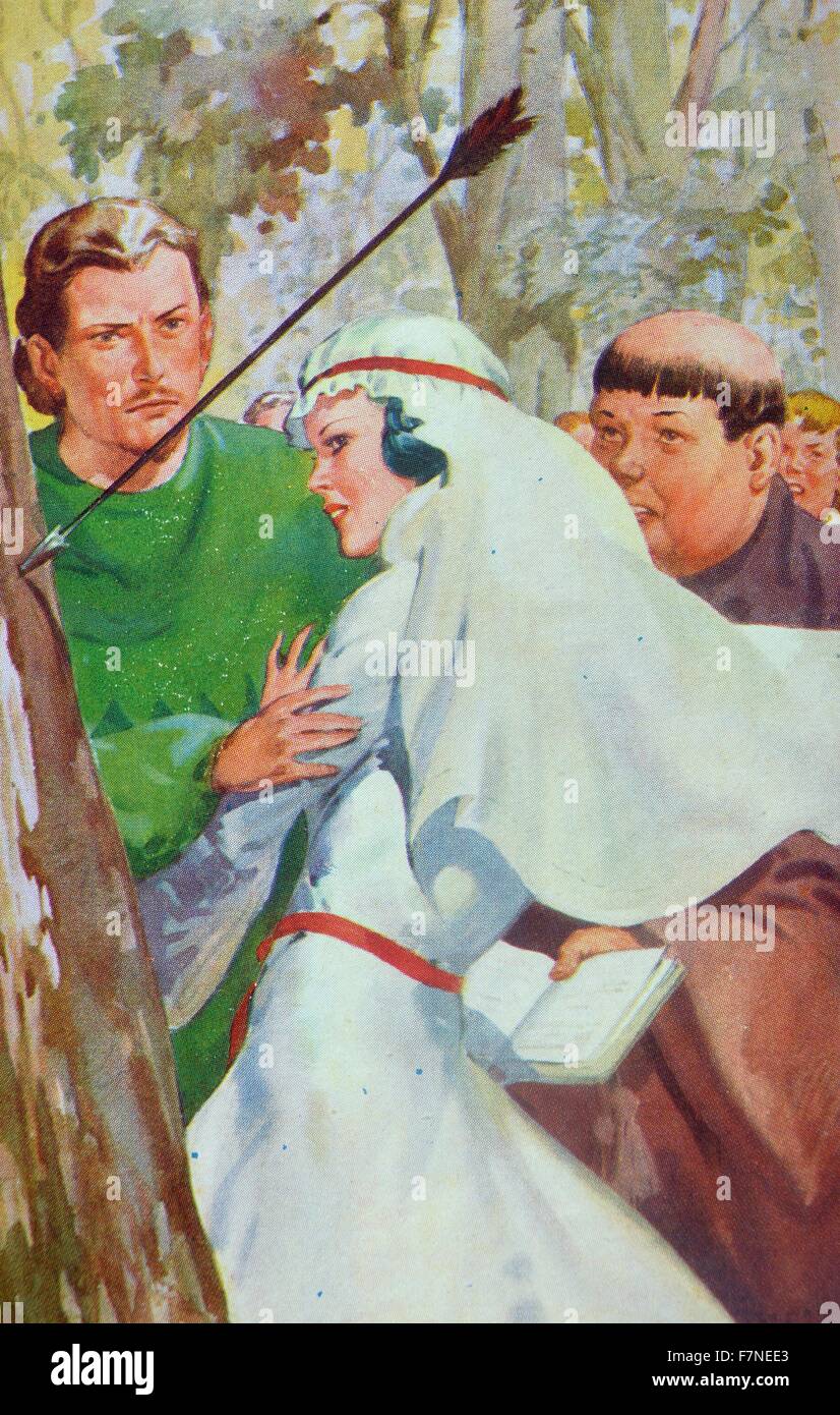 Robin Hood and his Merry Men - an arrow narrowly misses Marian. 1920 Stock Photo