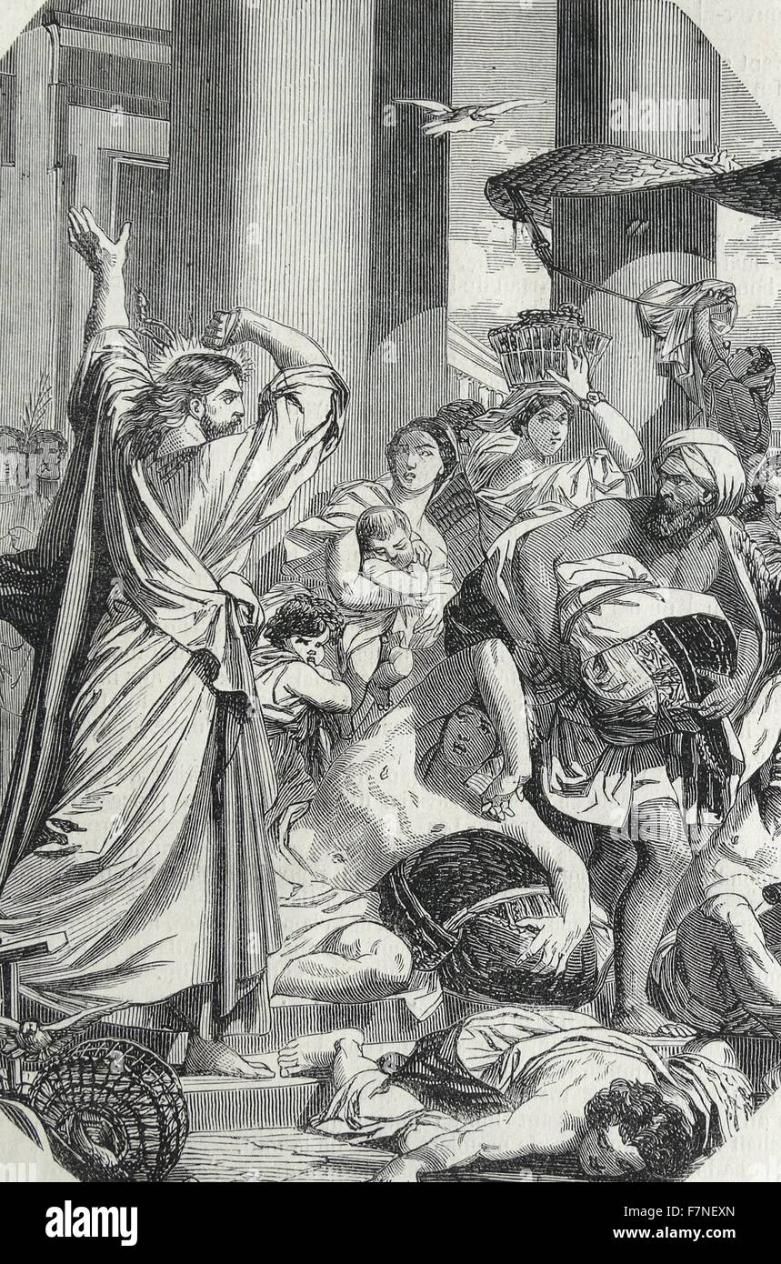 Jesus throws the moneylenders out of the temple in Jerusalem Stock Photo