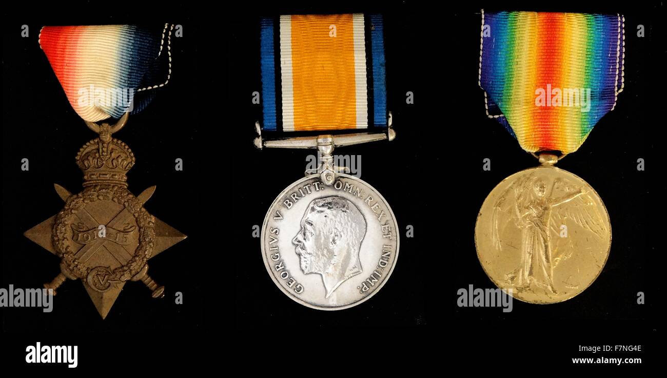Charles Morris's medals.  All soldiers who served in the first World War  were awarded two medals : The British War Medal and the Allied Victory Medal.  The medals from left to right : 1915 Star, British War Medal and Allied Victory Medal. Stock Photo