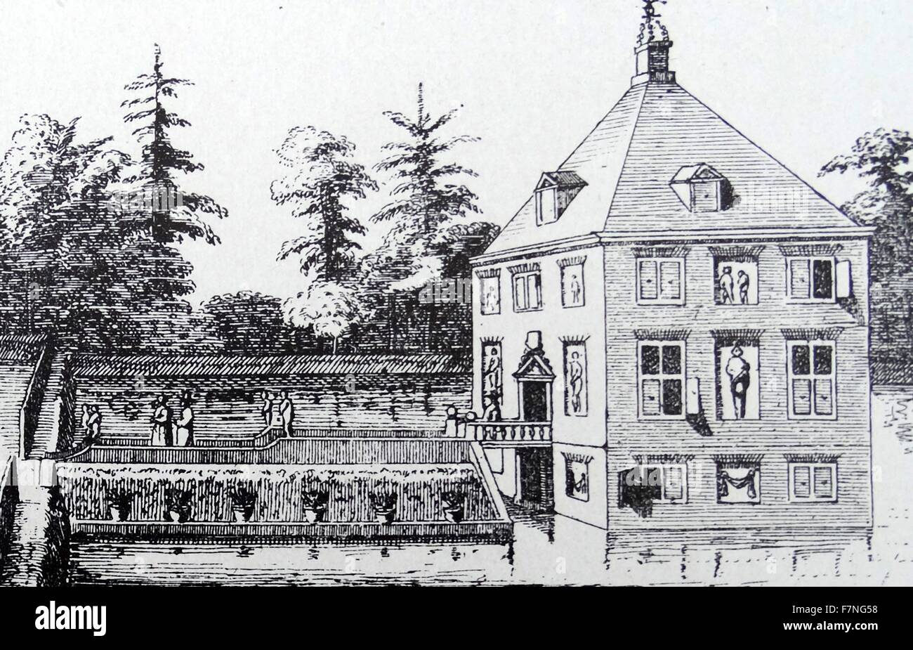 Hofwijk was the country retreat of Constantijn Huygens (1596-1687).  We show the construction, the house and a floor plan of the house Huygens built in 1641 on the Vliet, near the Hague.  The house still exists, but the whole environment has changed. Stock Photo