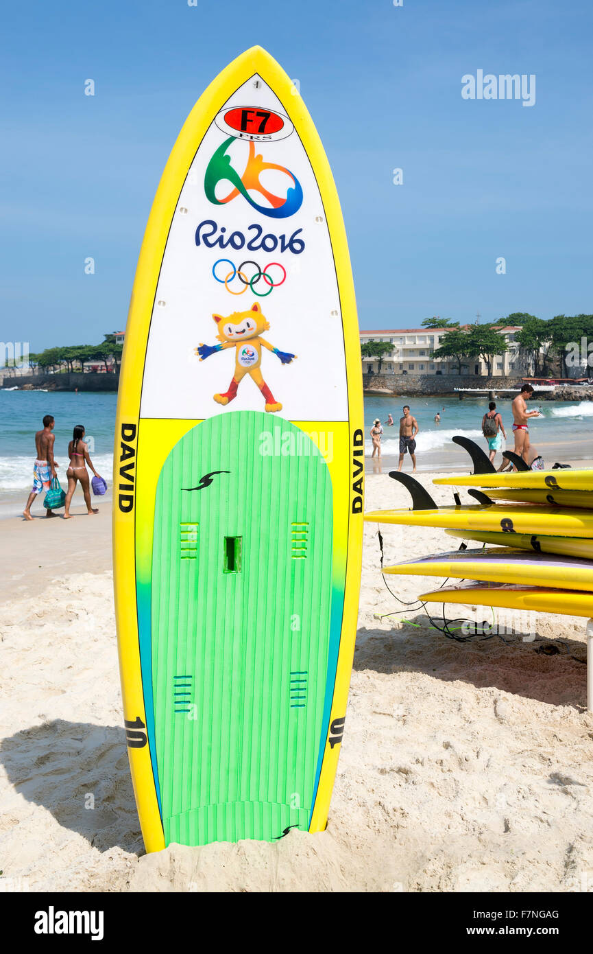 RIO DE JANEIRO, BRAZIL - NOVEMBER 10, 2015: Stand up paddle surfboard commemorating the Rio 2016 Olympic Games in Copacabana. Stock Photo