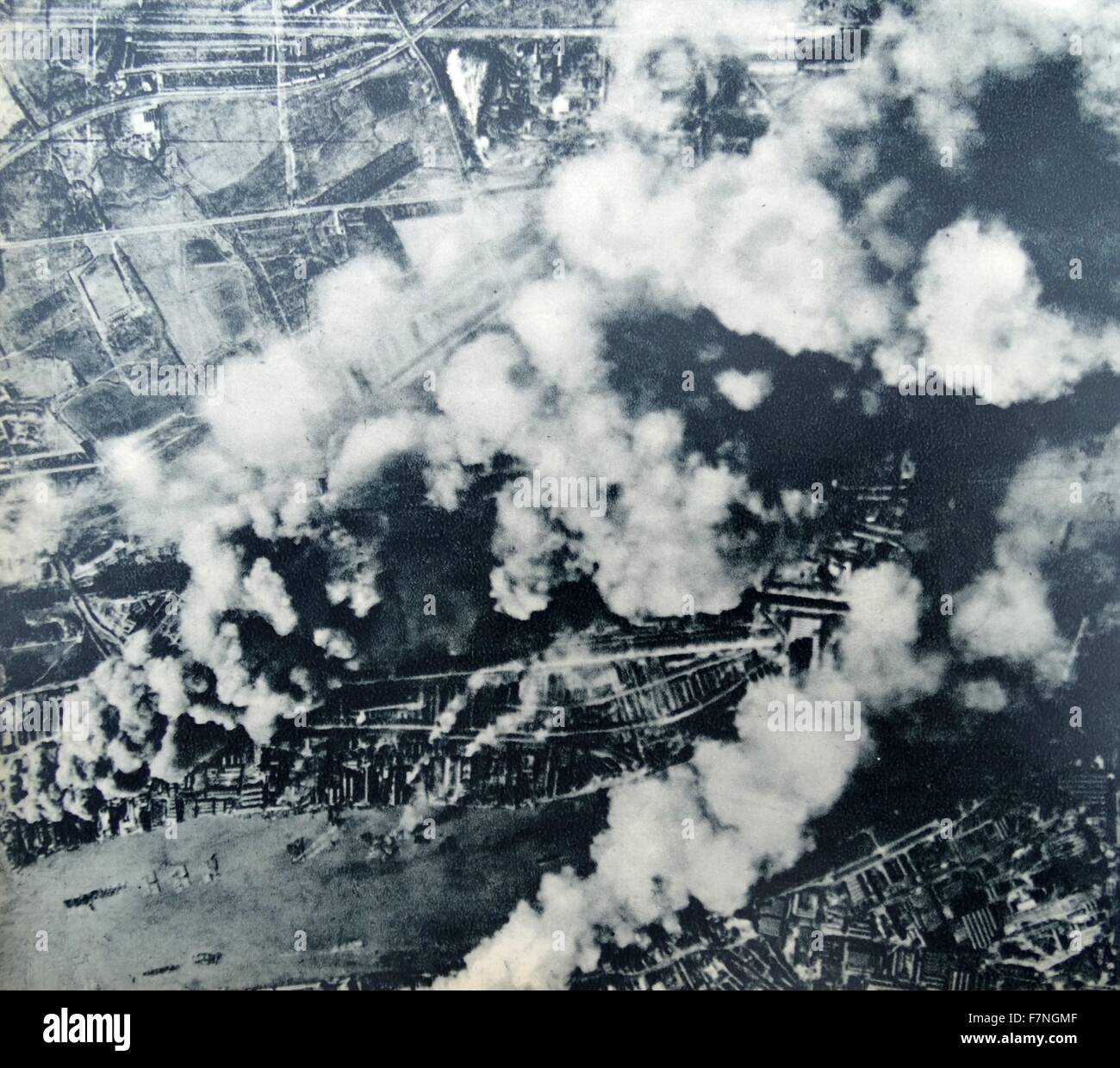 Bombing of East London fuel tanks during World War Two 1941 Stock Photo