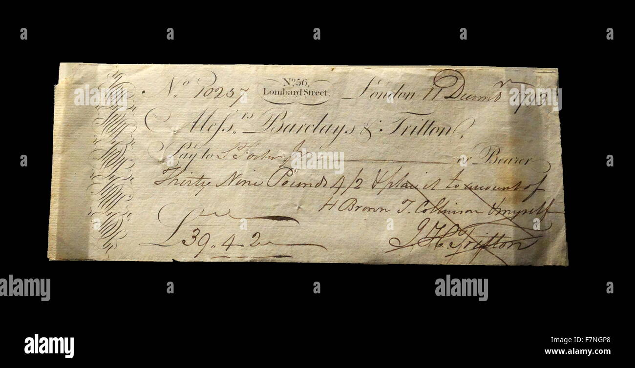 Barclay’s & Co. cheque London, 1793. Cheques and bills of exchange