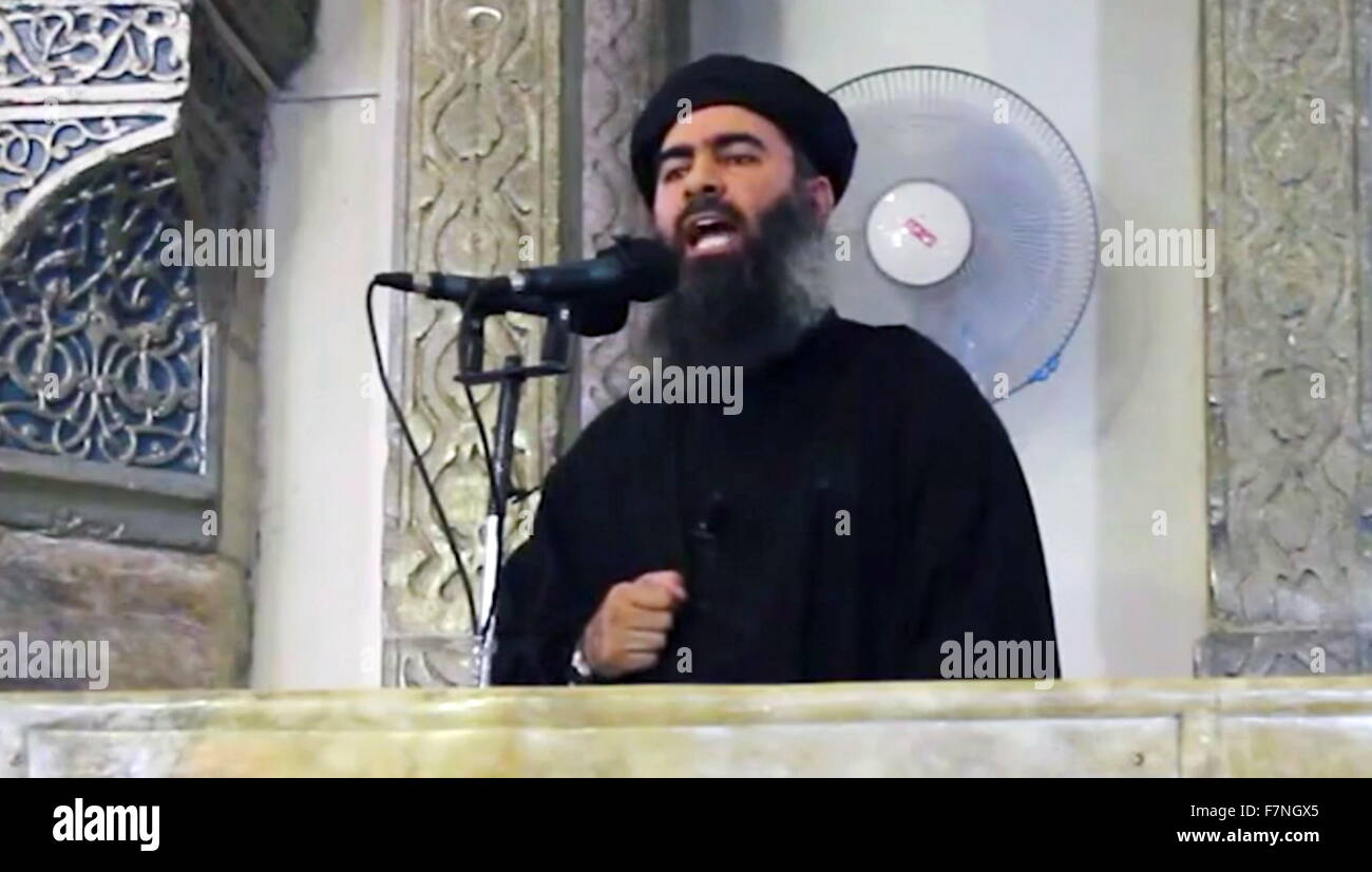 Photograph of Abu Bakr al-Baghdadi (1971-) ringleader of the Islamic State of Iraq and the Levant (ISIL), an Islamic extremist group in western Iraq, Libya, northeast Nigeria and Syria self-styled as the 'Islamic State'. Dated 2014 Stock Photo