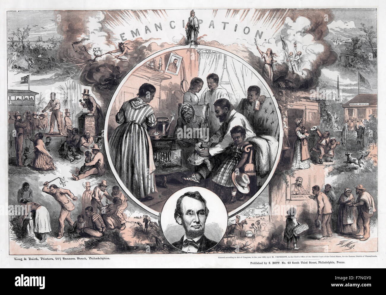 Illustration commemorating the 1965 emancipation of Southern slaves and the end of the American Civil War, Stock Photo