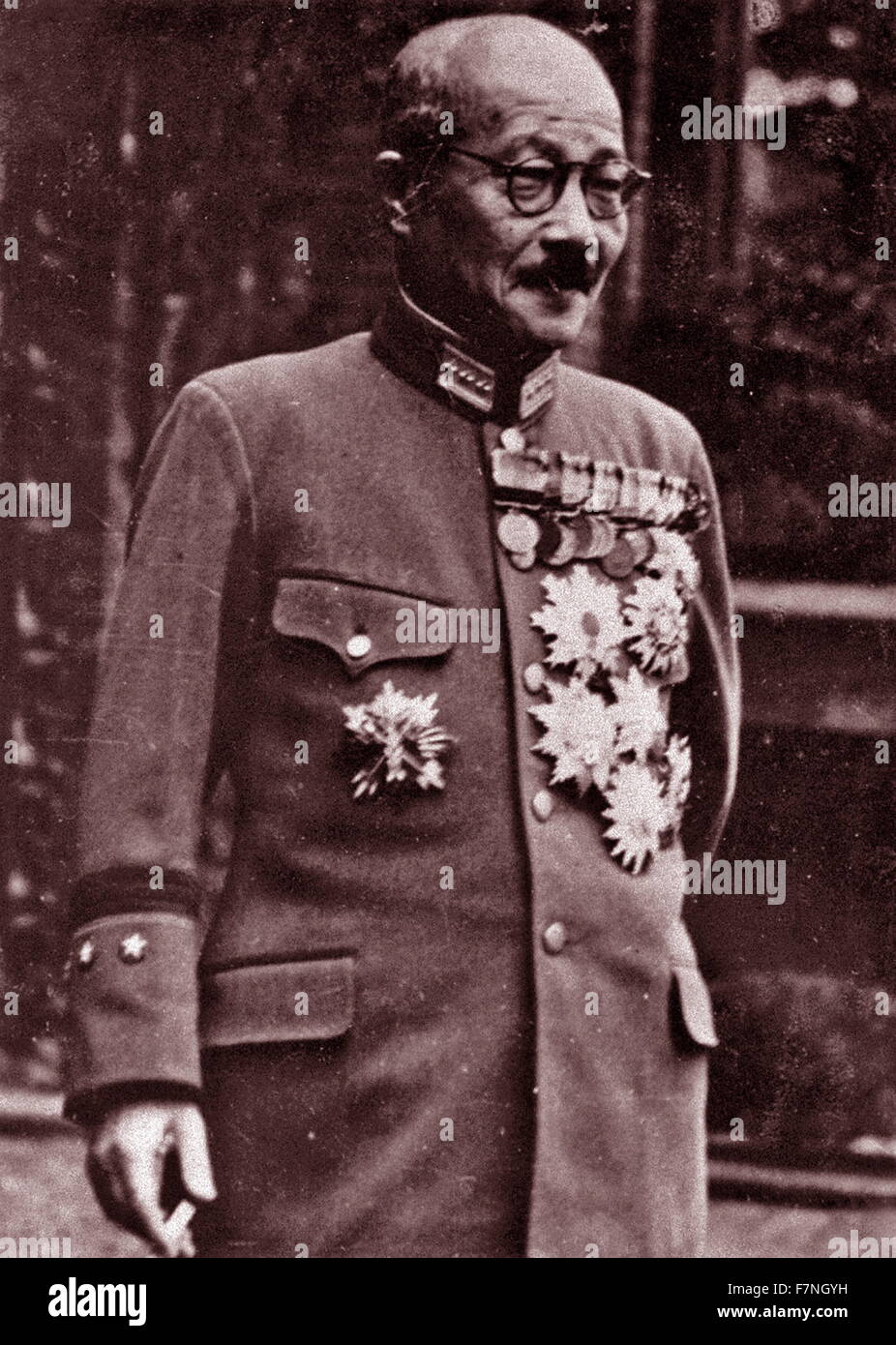Photograph of Tojo Hideki Tojo Hideki (1884-1948) general of the Imperial Japanese Army (IJA), the leader of the Imperial Rule Assistance Association, and the 40th Prime Minister of Japan during much of World War II. Dated 1944 Stock Photo