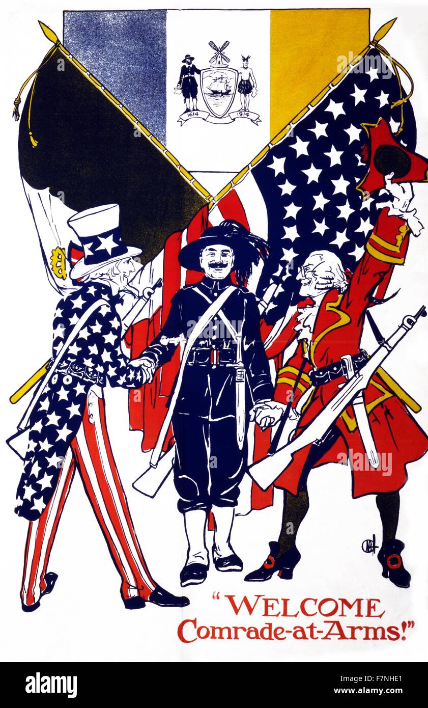 Welcome comrade-at-arms! 1917 american propaganda poster, from World War  One. Poster shows Uncle Sam and Father Knickerbocker greeting a Bersagliere in a plumed hat; all three men bear rifles and swords. In the background, an American and Italian flag are crossed, Stock Photo