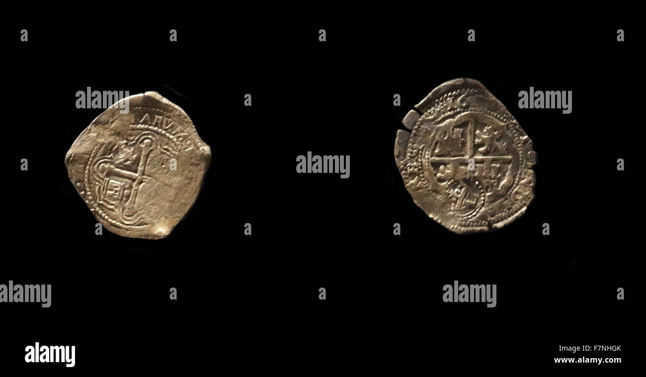 Silver eight-reales coin, of the reign of King Philip IV of Spain, minted at (left) Mexico City, 1654 and (right) Potosi (Bolivia), 1651 Stock Photo