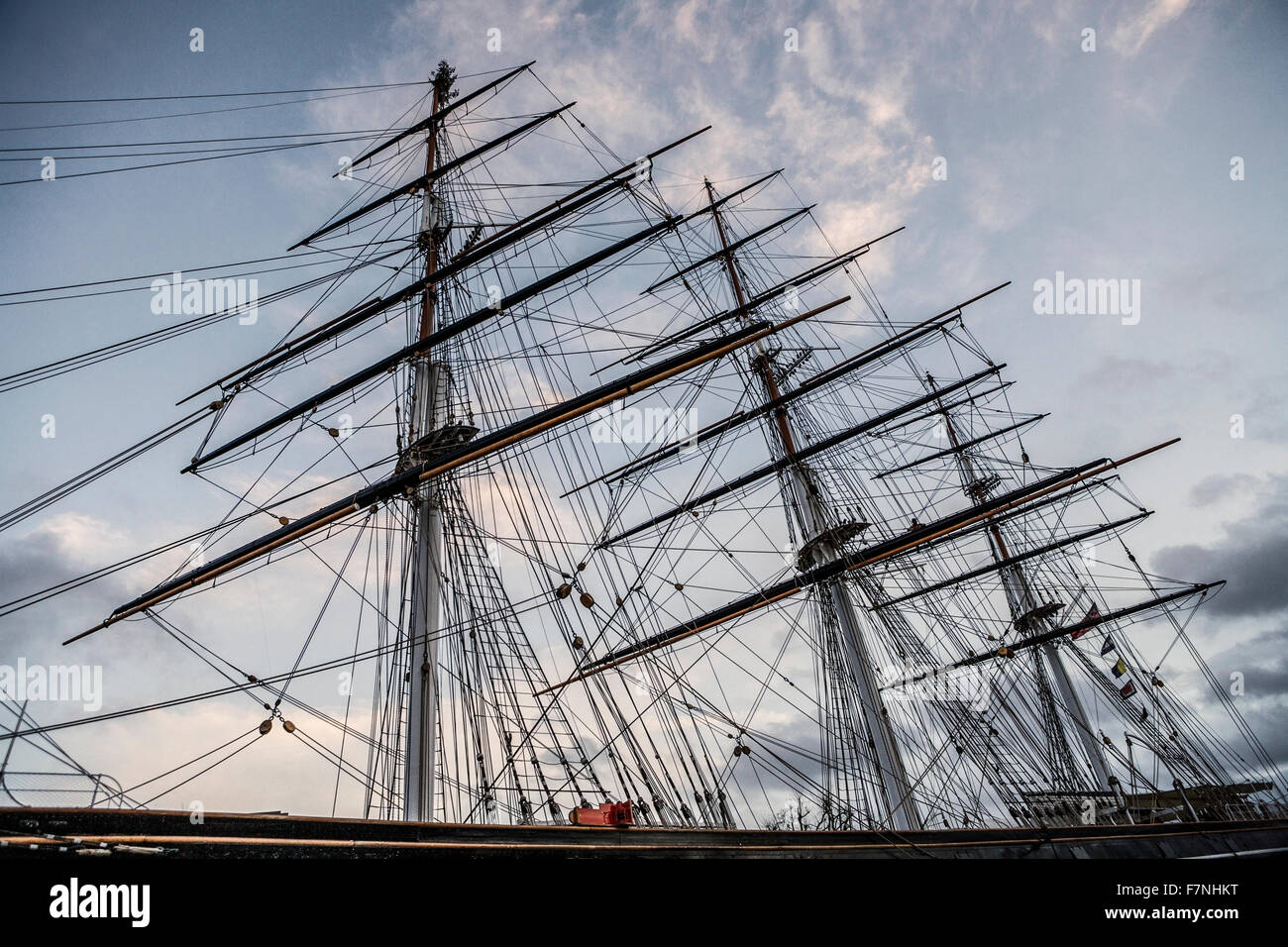 Cutty Sark, Greenwich, London, England, UK. The ships masts and rigging. Stock Photo