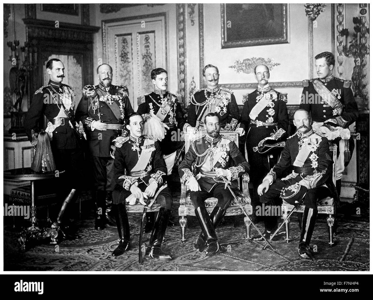 Photograph of the nine European Monarch at attendance of King Edward VII's funeral. Standing from left to right: King Haakon VII of Norway, Tsar Ferdinand of the Bulgarians, King Manuel II of Portugal and the Algarve, Kaiser Wilhelm II of Germany and Prussia, King George I of the Hellenes and King Albert I of the Belgians. Seated, from left to right: King Alfonso XIII of Spain, King George V of the United Kingdom and King Frederick VIII of Denmark. Dated 1910 Stock Photo
