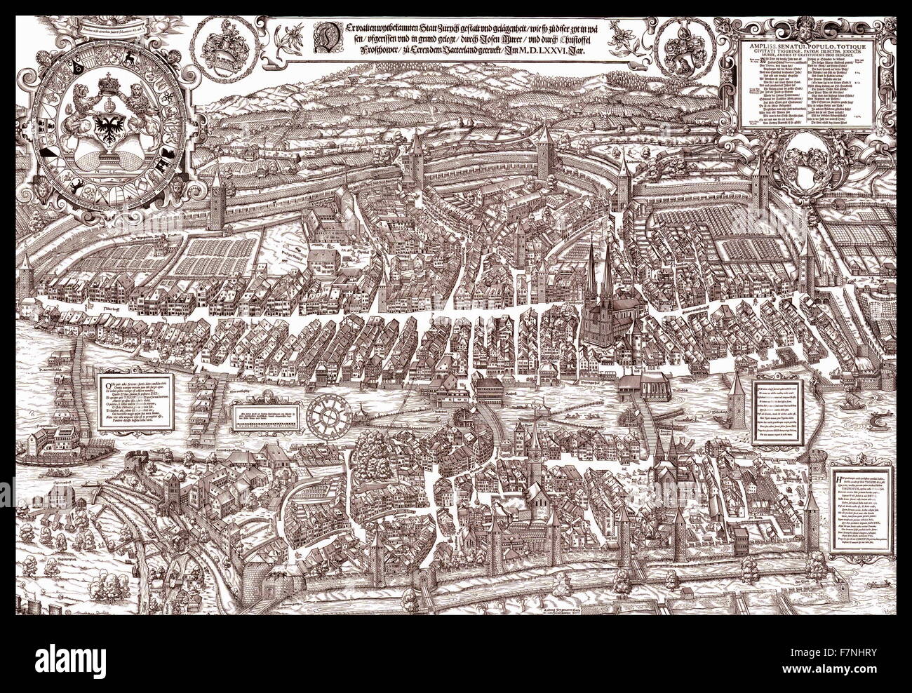 The Murer plan is a map of Zürich, printed in 1576 by Jos Murer (1530-1580). Stock Photo
