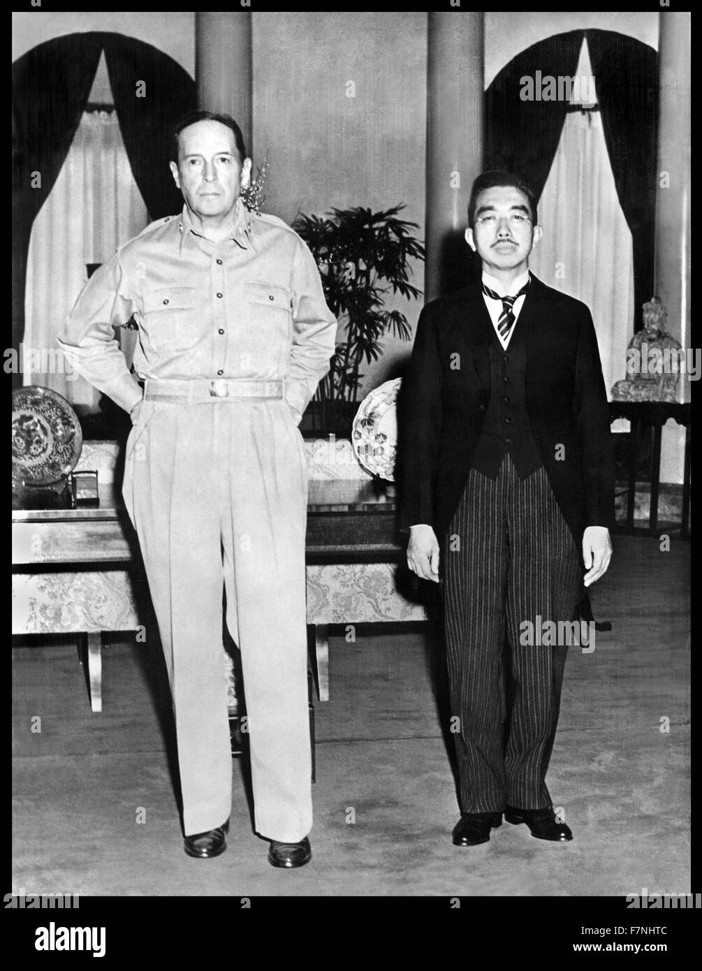 Photograph of General Douglas MacArthur and Emperor Hirohito of Japan. Dated 1945 Stock Photo