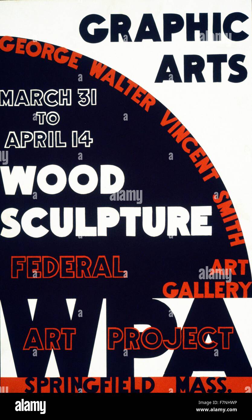 Graphic arts - wood sculpture, George Walter Vincent Smith Art Gallery, Springfield, Mass. Federal Art Project, 1936 or 1937. Poster announcing graphic arts and wood sculpture exhibition at the George Walter Vincent Smith Art Gallery, Springfield, Mass Stock Photo