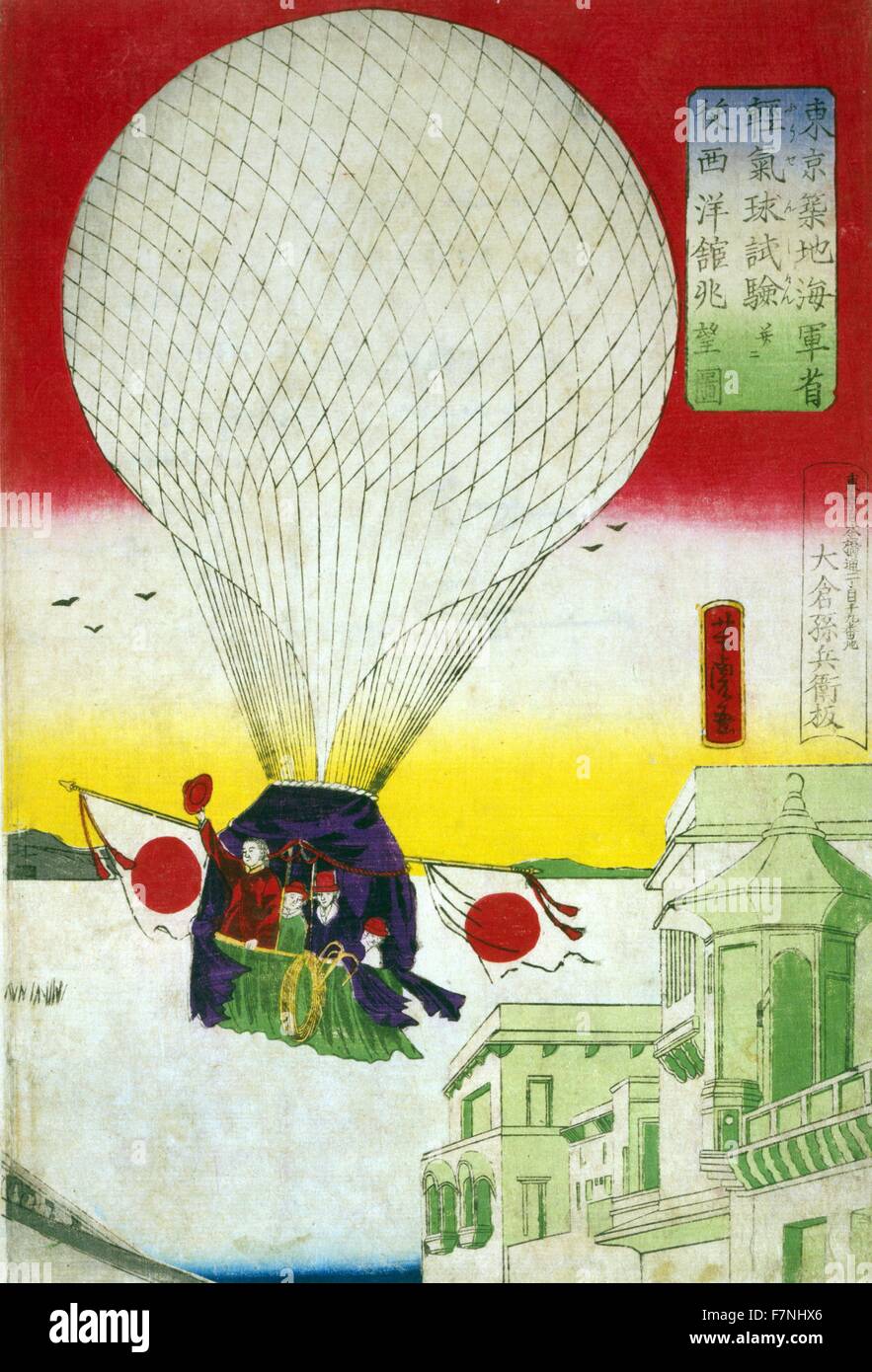 Japanese navy department tests balloons in front of the American Consulate by Yoshitora Utagawa, 1867 Stock Photo