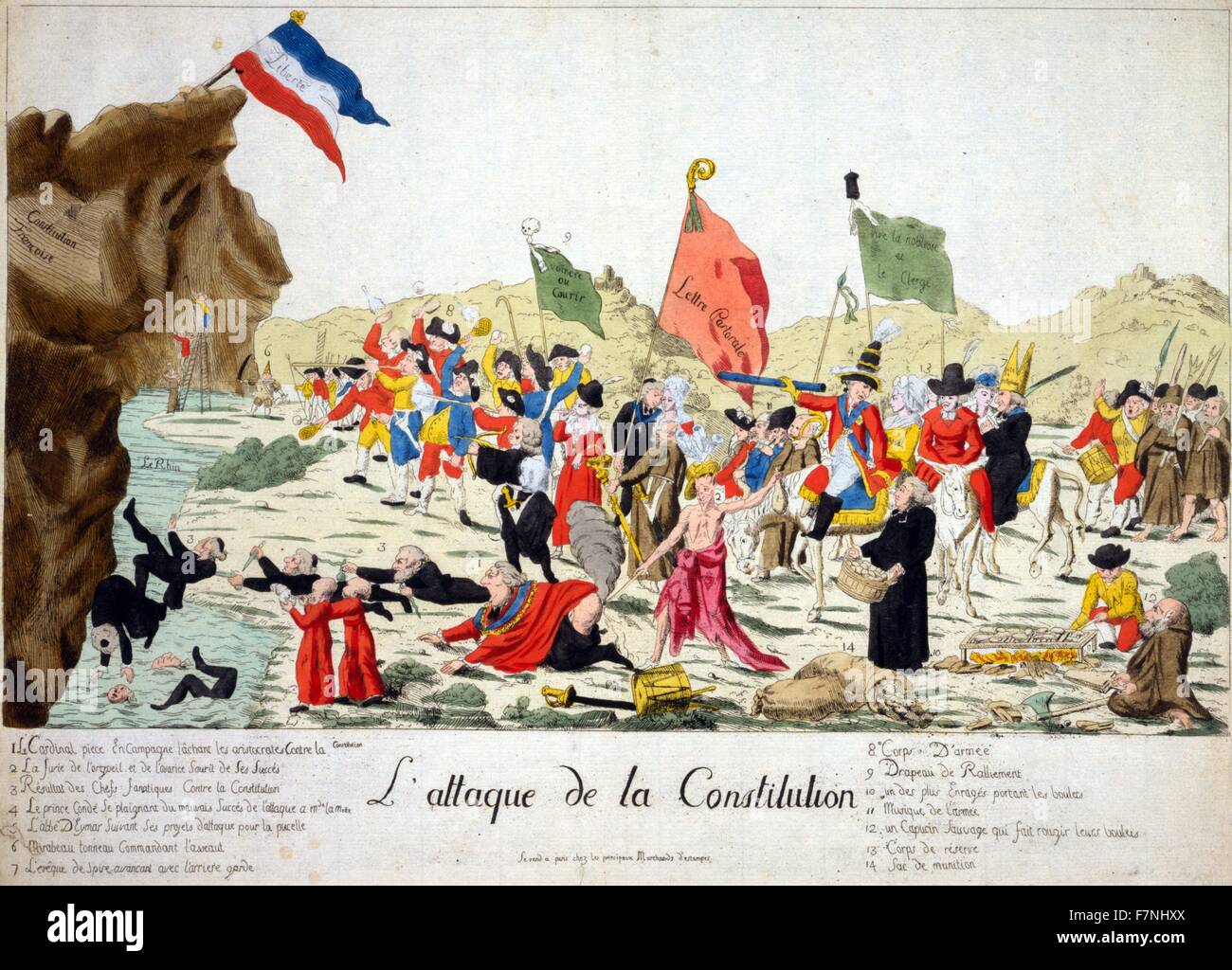 L'Attaque de la constitution 1792. Cartoon showing clergy, nobility, and fugitive counterrevolutionaries, carrying flags labeled 'Vive la noblesse et le Clerge', 'Lettre Pastorale', and 'Voincre ou Courir', attacking a rock, identified as the 'Constitution Francoise', on which sits the French flag labeled 'Liberté' on the far left, across the Rhine. Stock Photo