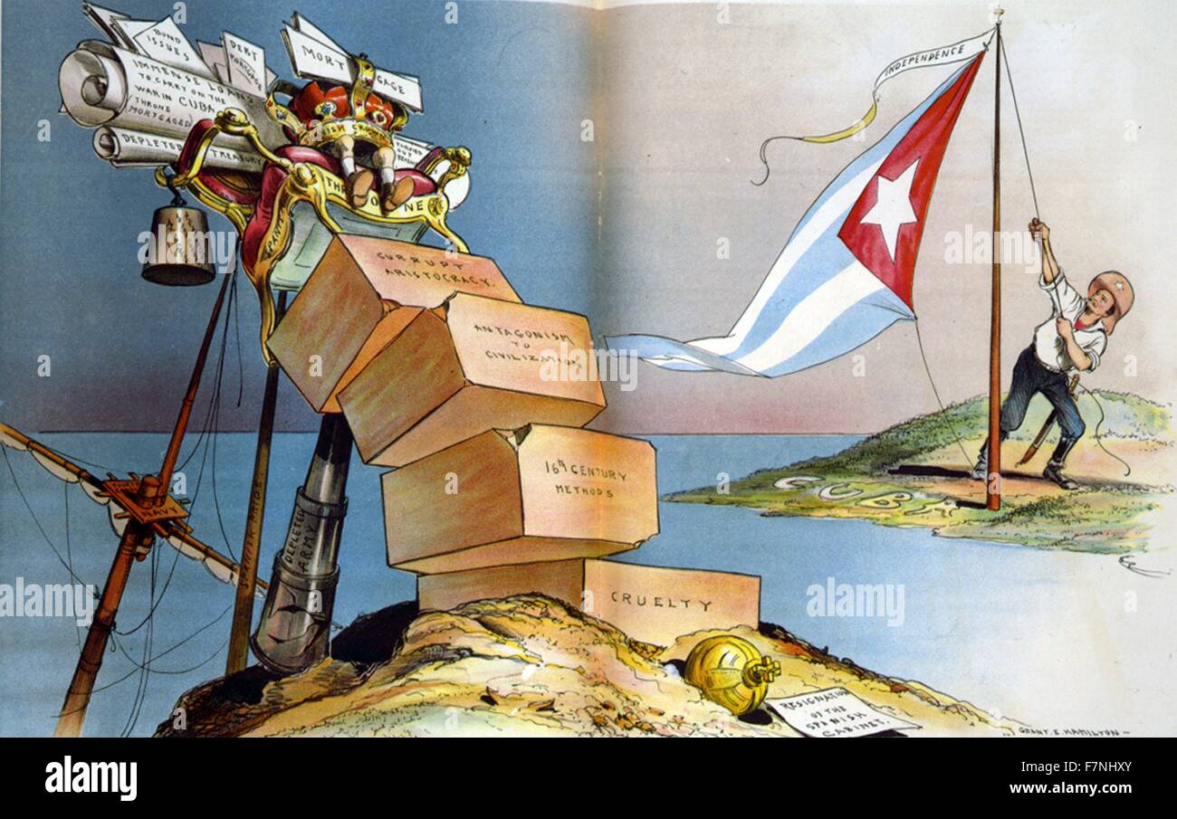 As the old Spanish throne topples, up goes the Cuban flag of independence by Grant E. Hamilton 1897: Cartoon showing the Spanish throne tumbling, under the weight of 'Depleted treasury,' 'Mortgage,' etc., from atop a pile of blocks--'Corrupt aristocracy,' 'Antagonism to civilization,' '16th Century methofs'--as Cuba raises its flag of independence across the water. Stock Photo