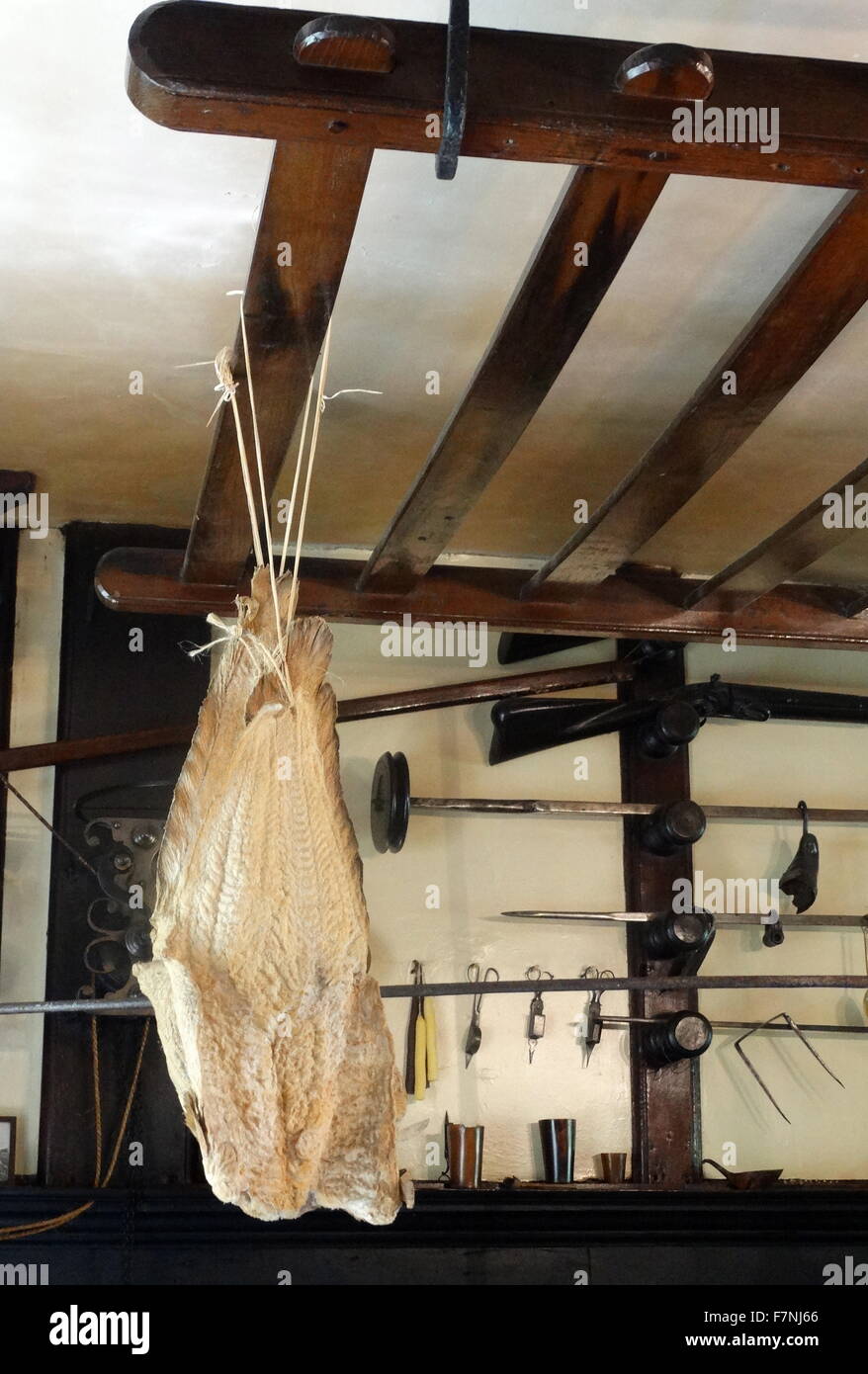 dried fish hang rom the ceiling of a 17th century Dutch kitchen Stock Photo